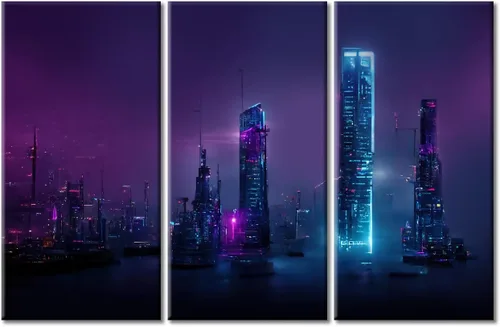 Vista 101 de Arte de pared de 3 piezas de escena de ciencia ficción de la calle comercial futurista paisaje urbano, decoración de pared para dormitorio