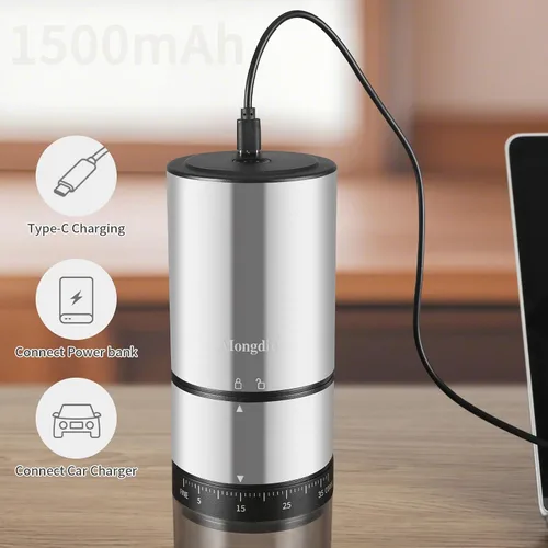 Vista 12 de Mongdio Molinillo de Granos de Café Eléctrico Portátil con 38 Configuraciones Ajustables, Molinillo de Café Eléctrico de Rebaba con Núcleo de Acero