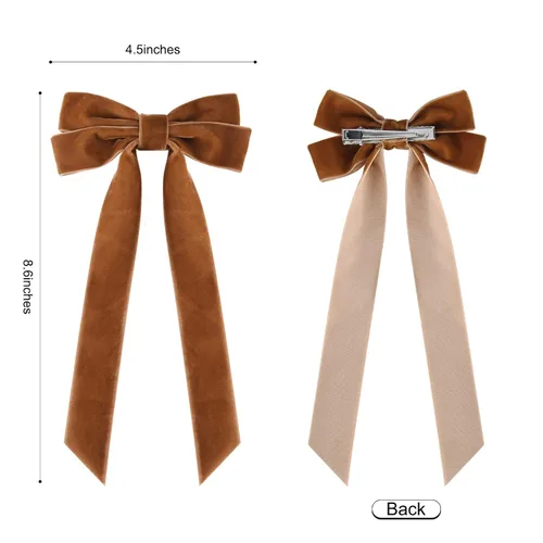 Vista 2 de 2 piezas de broches de cinta de terciopelo con lazos de pelo marrones, broches grandes de cocodrilo de otoño, accesorios para el cabello