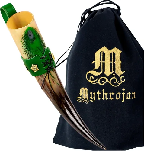 Vista 38 de Mythrojan Cuerno vikingo para beber 100% natural, auténtico, decoración de latón, cuerno nórdico con funda de cuero negro, bolsa de lona para vino