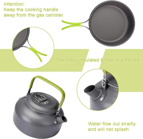 Vista 4 de Peidesi Camping Cookware Mess Kit, Portable Camp Stove Pots and Pans Set, Carabiner, Folding Knife, Fork Spoon Kit, Carry Mesh Bag,Teapot for