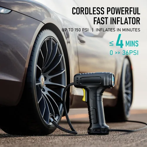Vista 2 de Inflador de neumáticos, compresor de aire portátil, bomba automática de neumáticos de 150 PSI con linterna LED con manómetro digital