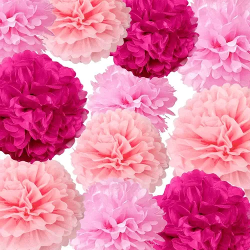 Vista 6 de GAKA Pompones de papel de seda rosa intenso (rojo rosa), rosa y naranja, decoraciones para fiestas, flores de seda colgantes de 10 y 12 pulgadas, 12
