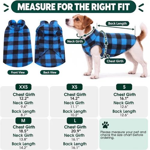 Vista 7 de Kuoser - Chaleco de forro polar para perros, suéter cálido a cuadros con agujero para correa, pijama suave para cachorros, abrigo de invierno