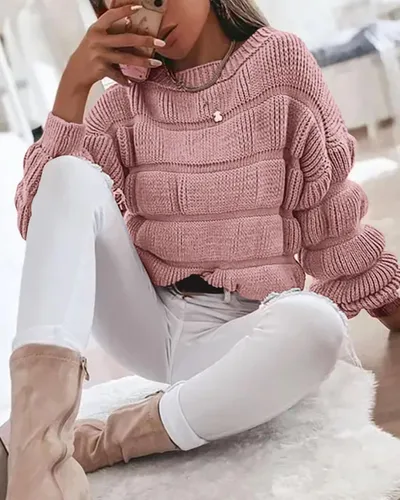 Vista 5 de PRETTYGARDEN Suéteres de otoño 2024 para mujer, estilo casual, cuello redondo, manga larga, holgados, lisos, de punto grueso, linda blusa