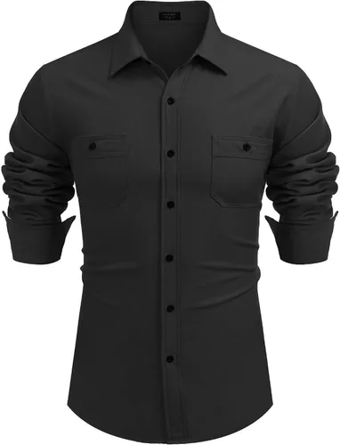 Vista 4 de COOFANDY Camisas casuales con botones para hombre, camisas de cambray de manga larga sin arrugas