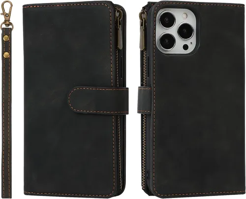 Vista 8 de iCoverCase Compatible con iPhone 13 Pro Max - Funda tipo cartera para teléfono con tarjetero, piel sintética, bolsillo con cremallera, magnética