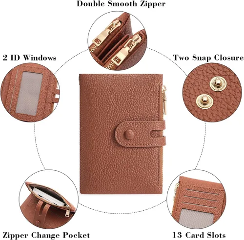 Vista 4 de FALAN MULE Cartera pequeña de cuero para mujer, con bloqueo RFID, tarjetero plegable con bolsillos dobles con cremallera, Marrón claro