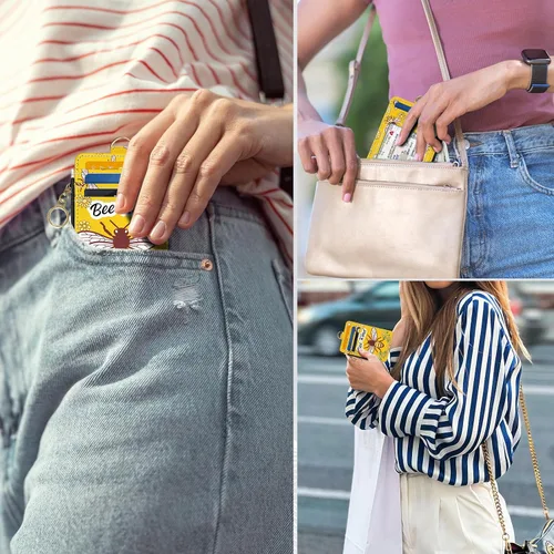 Vista 5 de Portafolios delgados con soporte para tarjeta de crédito, funda delgada de cuero PU con bloqueo RFID para viajes con ventana para ID, regalos