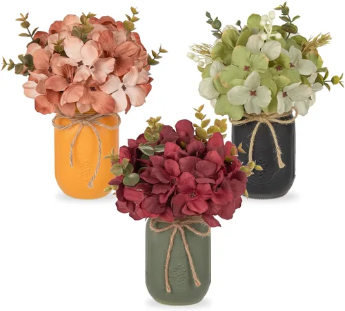 Vista 8 de Centro de mesa con tarro de albañil rústico floral de otoño para mesa, decoración de granja, flores de hortensia artificiales de otoño, decoración