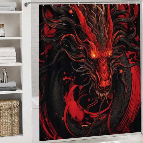 Vista 5 de Juego de 4 cortinas de ducha clásicas de dragón, animales mitológicos, criatura roja fuego, juego de baño con cortina de ducha, alfombra para tapa