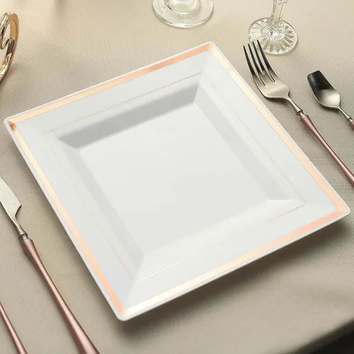 Vista 11 de Efavormart - Platos cuadrados de plástico para postre de ensalada de 7 pulgadas con borde dorado, 10