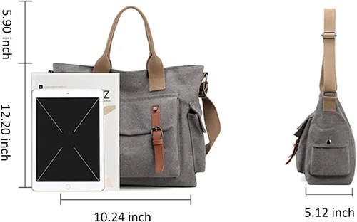 Vista 4 de Bolso bandolera de lona estilo vintage con bolsillos, unisex, tamaño mediano