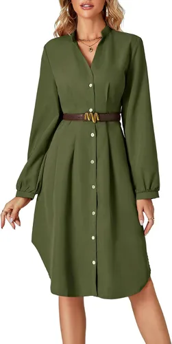 Vista 5 de LYANER Vestido camisero midi de manga larga con cuello en V plisado y botones para mujer
