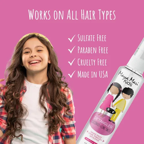 Vista 4 de MAYA MARI Spray desenredante de cabello para bebés, niños pequeños, niños y niñas, aceites de argán y coco, sin desgarros, coco y lima, 8 onzas