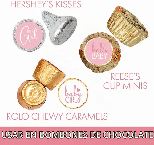 Vista 5 de Calcomanías rosadas de besos para baby shower con texto en inglés "It's a Girl", 180 unidades, 9 diseños 0.75" Round, Fits Chocolate Drops, Candy