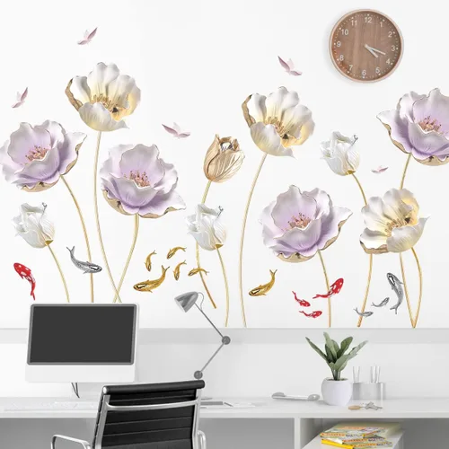Vista 5 de Calcomanías de pared de flores doradas gigantes 3D, tulipán de loto, flores florales, hermosas flores grandes, arte de pared de despegar y pegar