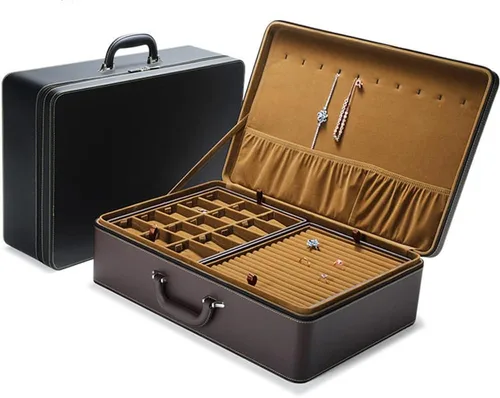 Vista 8 de Caja de Joyería Portátil Grande Organizador Comercial con Asa y Cremallera, Estuche de Accesorios de Piel Sintética con Bandejas, Regalo