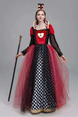 Vista 4 de OASMA Disfraz de reina para mujer, disfraz de Halloween del país de las maravillas, corazones rojos reales, carnaval, cosplay para adultos