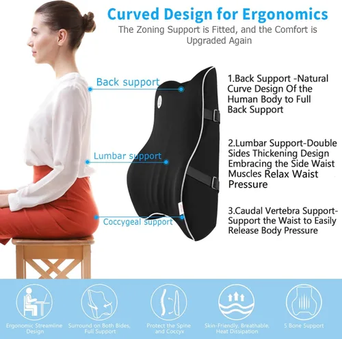 Vista 3 de Almohada de apoyo lumbar, soporte de espalda de espuma viscoelástica para silla de oficina, silla de computadora, asiento de coche, sillón