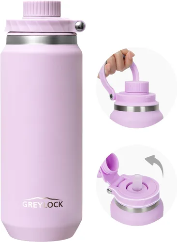 Vista 14 de Greylock Botella de agua aislada de 20 onzas con tapa con pajilla, botellas de agua deportivas reutilizables de acero inoxidable con asa plegable, a