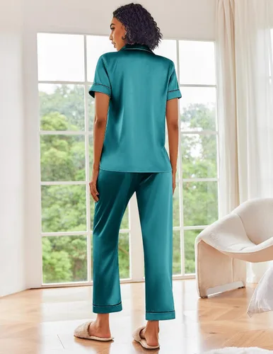 Vista 5 de Ekouaer Conjunto de pijama de satén de seda para mujer, ropa de dormir de manga corta, suave y con botones