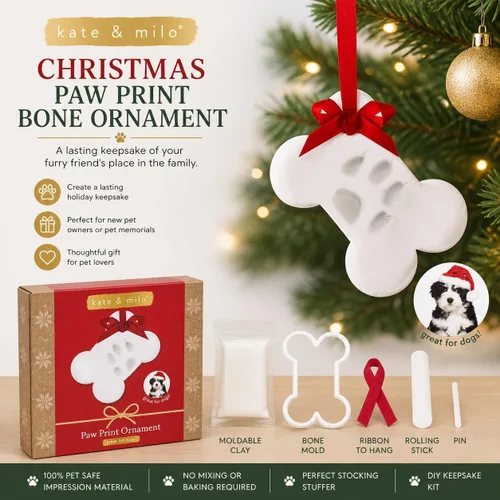 Vista 3 de Kate & Milo Adorno de hueso con estampado de pata de Navidad, recuerdo navideño para mascotas, blanco Pet-Safe Clay, No-Mix or Bake DIY Keepsake