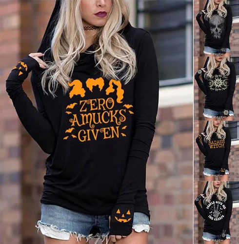 Vista 3 de Camiseta con capucha de calavera para mujer, estilo gótico, retro, con gráfico, para Halloween, casual, de manga larga