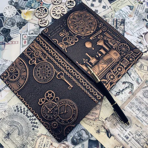 Vista 5 de Diario de Escritura de Cuero Repujado con Tren Vintage con Juego de Bolígrafos, Libreta Diaria Antigua Hecha a Mano Cuaderno de Bocetos, Diarios