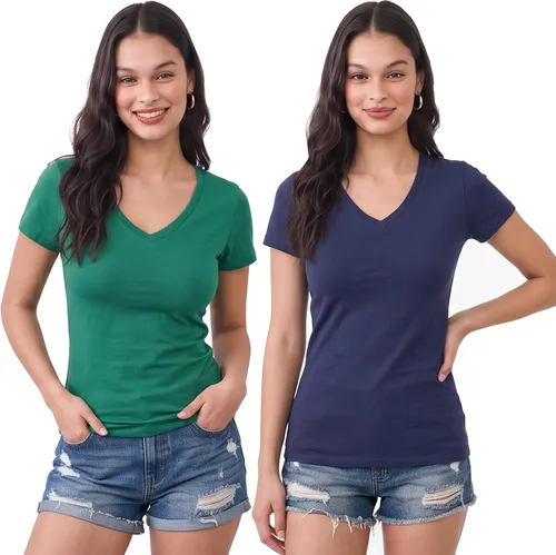 Vista 213 de Emmalise Camiseta de manga corta para mujer, cuello en V, tallas junior y plus
