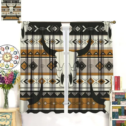 Vista 318 de Cortinas con patrón geométrico tribal, estilo suroeste, azteca, rústico, occidental, nativo americano, opacas, con bolsillo para barra, decoración