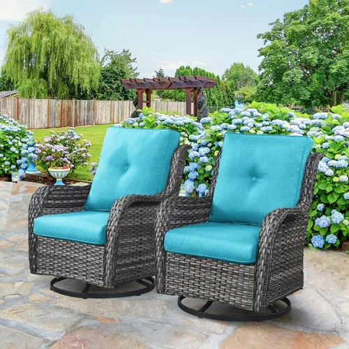 Vista 19 de HUMMUH Juego de 2 Sillas Giratorias Mecedoras de Mimbre para Patio Exterior, Juego de Muebles de Sillas Mecedoras de Ratán (Marrón, Azul) 50,000