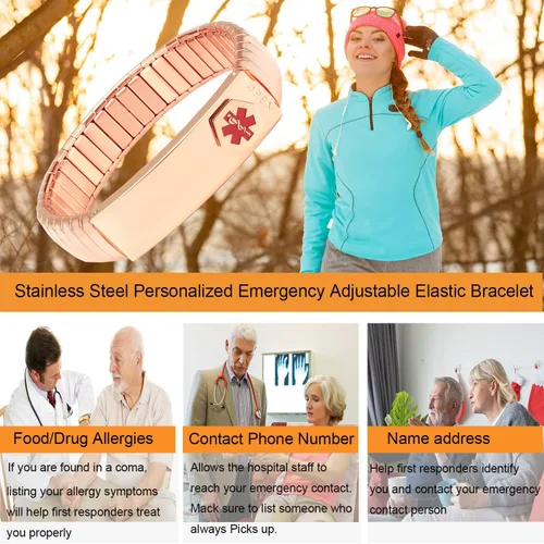 Vista 16 de Pulsera de alerta médica para hombres y mujeres, pulsera de identificación médica ajustable ajustable de acero inoxidable para diabetes, alergias