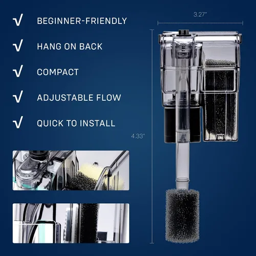 Vista 3 de Mighty Aquarium Filtro Colgante para Acuario - Filtro HOB para Acuario - Filtro Ajustable para Pecera - Filtros de Acuario - Filtro Nano