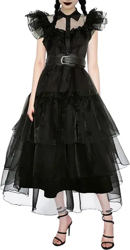 Vista 5 de WPOYM Wednesday Addams - Disfraz de niña para niños, disfraz de la familia Addams, vestido de fiesta para Halloween