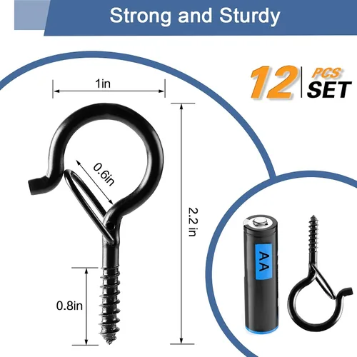 Vista 5 de ADIIL 12 ganchos Q con hebilla de seguridad, ganchos de tornillo resistentes al viento para colgar luces de cadena al aire libre, plantas, luces