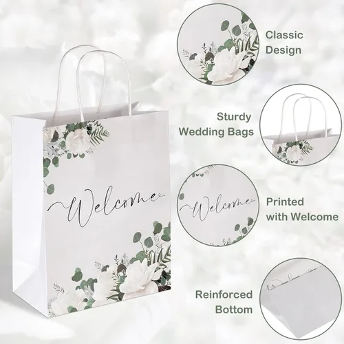 Vista 4 de Chinco 36 bolsas blancas de regalo de bienvenida con asas, 11 x 9 x 4.7 pulgadas, bolsas de papel a granel para invitados de boda, cumpleaños, baby