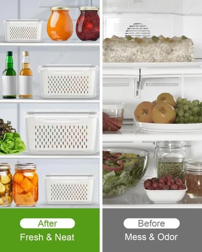 Vista 8 de TBMAXS Paquete de 4 recipientes de almacenamiento de alimentos para refrigerador con colador, herméticos, sin BPA, contenedor de plástico