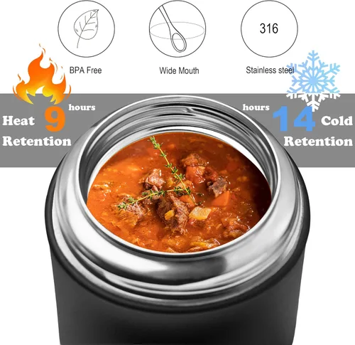 Vista 2 de Termo para alimentos y bebidas calientes, lonchera térmica, contenedor de alimentos aislado al vacío de 17 onzas con cuchara y bolsa con cordón