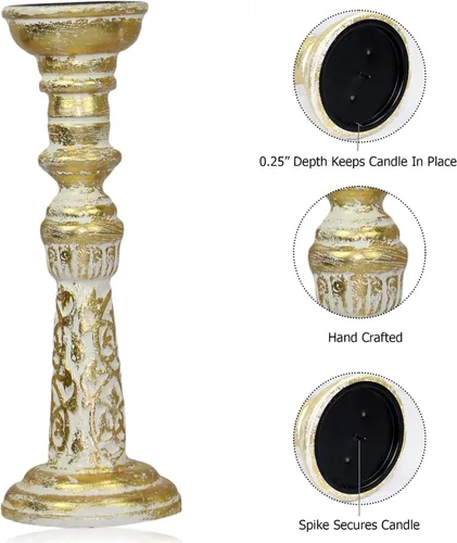 Vista 4 de Portavelas de madera maciza – Juego de 3 candelabros tallados a mano – Centro de mesa bohemio rústico para otoño, Acción de Gracias, Navidad, día