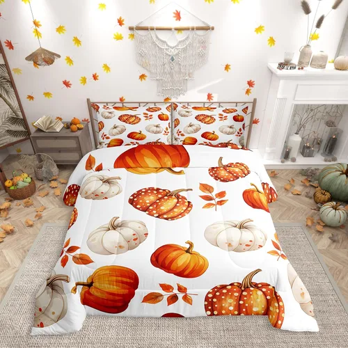 Vista 31 de Erosebridal Juego de edredón individual de pavo de Acción de Gracias, juego de ropa de cama de calabaza con hojas de otoño para niños y adultos