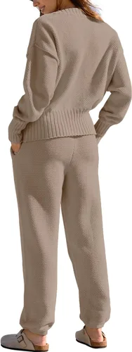 Vista 5 de Yanekop Conjunto de dos piezas para mujer con cuello en V y botones y suéter de punto acogedor
