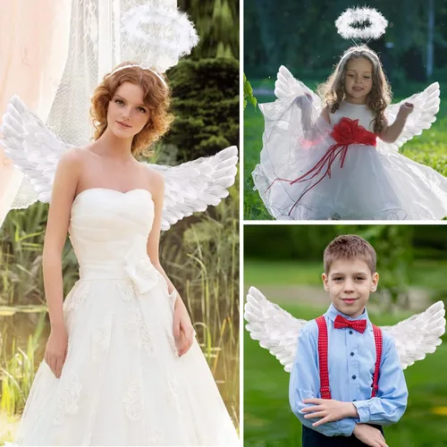 Vista 7 de Alas de ángel para adultos, alas de ángel y halo para niños y mujeres, alas de plumas, disfraz de Halloween para niños