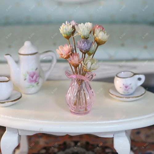 Vista 3 de iLAND Accesorios de casa de muñecas en miniatura para muebles de casa de muñecas, jarrones de vidrio con juego de flores secas (4 piezas elegantes)