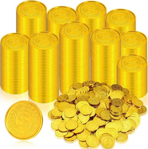 Vista 8 de Hanaive 600 monedas de oro pirata, monedas de juguete de tesoro de plástico, monedas falsas de San Patricio, doblón para regalos de fiesta pirata