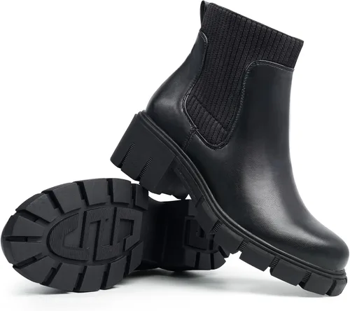 Vista 6 de JABASIC Botas de tobillo gruesas para mujer, botas Chelsea elásticas