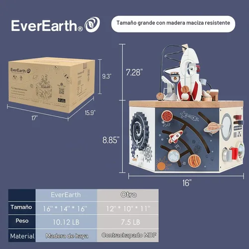 Vista 3 de EverEarth Cubo de actividades de madera con laberinto de cuentas, cubo de actividades espaciales para niños de 1 a 3 años, multijuego, aprendizaje
