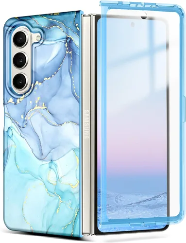 Vista 32 de Btscase Funda para Samsung Galaxy Z Fold 5, protector de pantalla frontal integrado, patrón de mármol dorado con purpurina de policarbonato duro