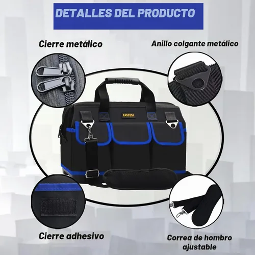Vista 3 de FASTECH Bolsa de herramientas de 22 pulgadas, kit de herramientas de boca ancha impermeable, organizador de bolsa de herramientas resistente con Azul