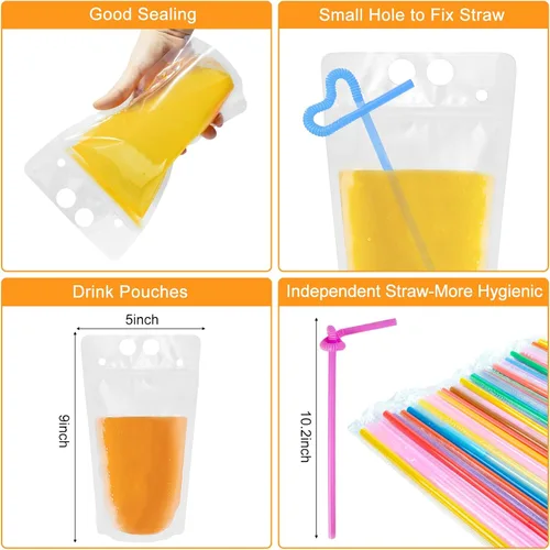 Vista 3 de Ozera Bolsas para bebidas, 100 bolsas reutilizables de 16 onzas para adultos, bolsas resistentes para adultos con embudo de pajita, bolsas de jugo